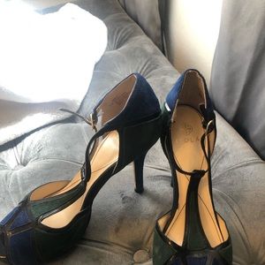 Isola suede blue, green, black pattern heels